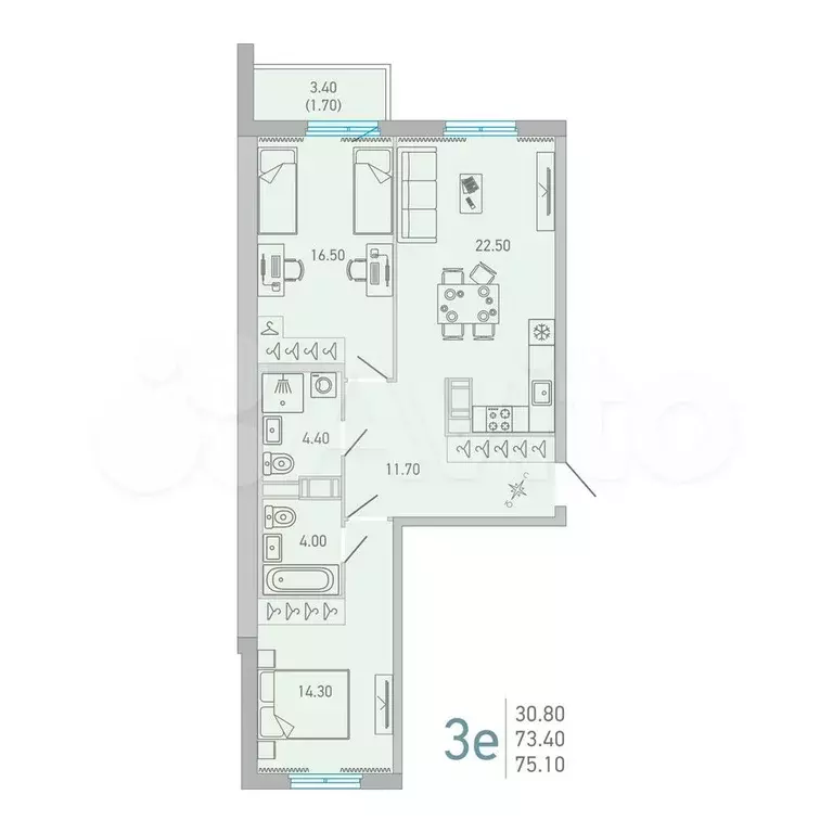 2-к. квартира, 75,1 м, 15/16 эт. - Фото 0