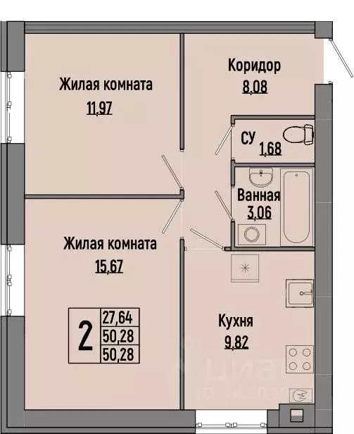 2-к кв. Волгоградская область, Волгоград Долина-2 жилрайон,  (50.28 м) - Фото 0