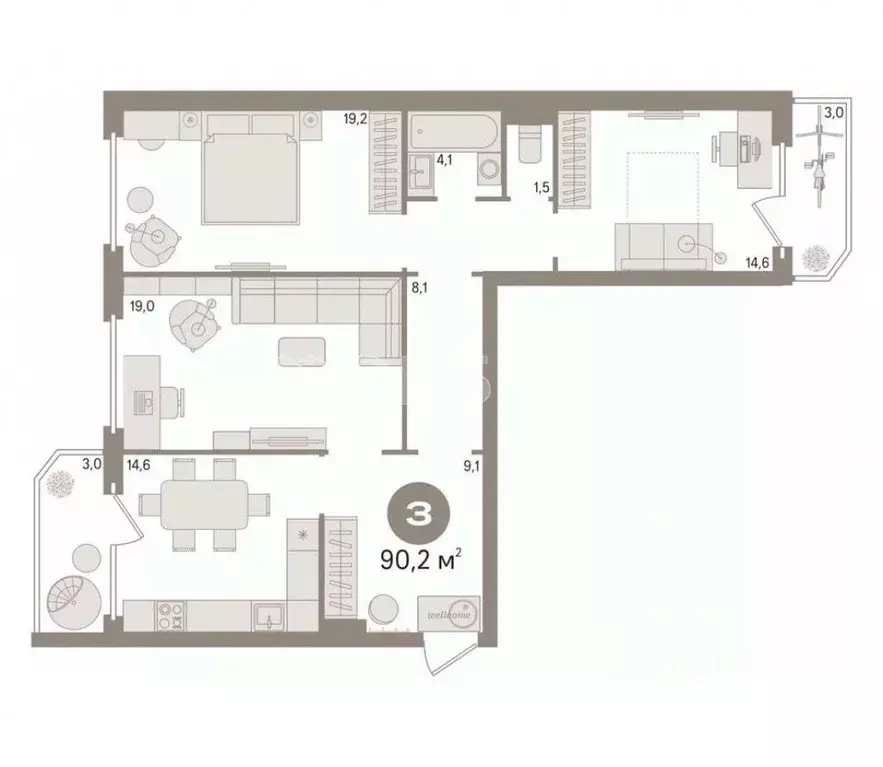 3-к кв. Тюменская область, Тюмень ул. Николая Семенова, 29к2 (90.2 м) - Фото 1