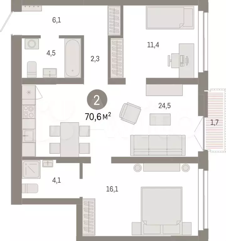 2-к. квартира, 70,6 м, 8/23 эт. - Фото 1