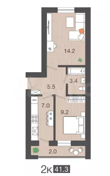 2-к. квартира, 41,3 м, 3/4 эт. - Фото 1