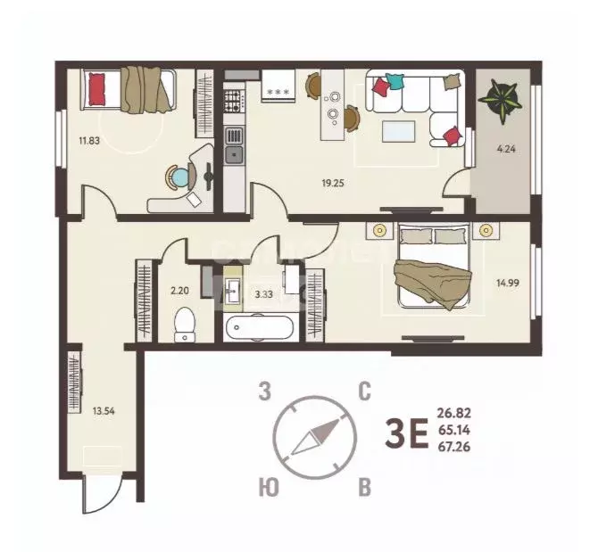 2-к кв. Липецкая область, Липецк ул. Механизаторов, 15А (67.26 м) - Фото 1