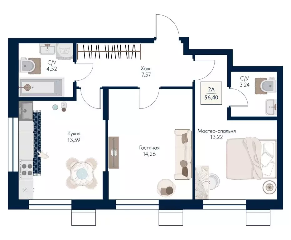 2-комнатная квартира: Мытищи, ЖК Бархат (56.4 м) - Фото 1