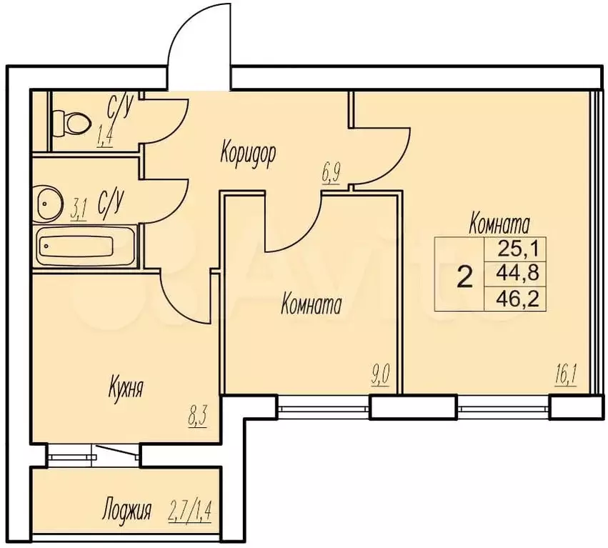 2-к. квартира, 45,5 м, 8/9 эт. - Фото 0