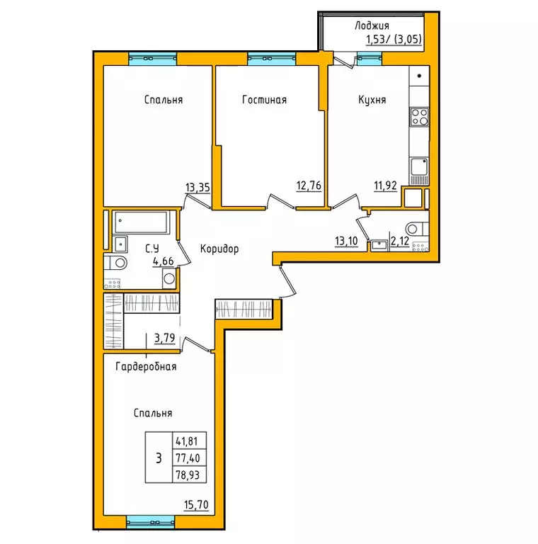3-комнатная квартира: Уфа, улица Валерия Лесунова, 18 (78.68 м) - Фото 1