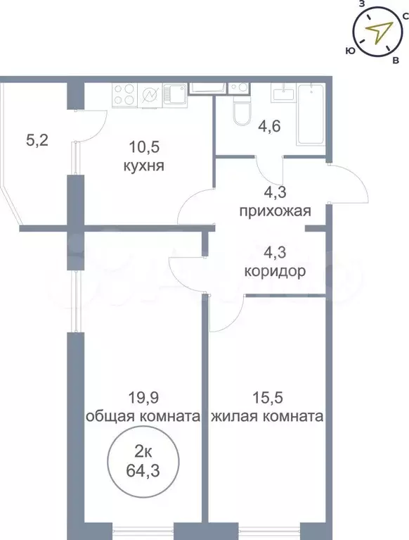 2-к. квартира, 64,3 м, 2/21 эт. - Фото 0