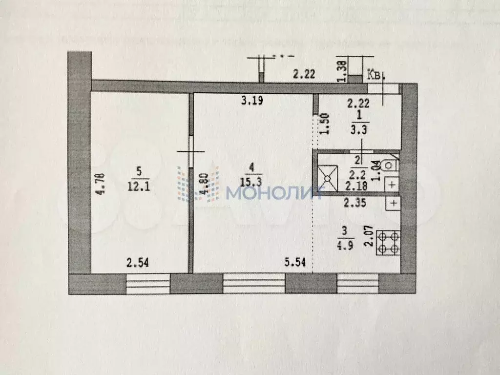 2-к. квартира, 37,8 м, 3/3 эт. - Фото 0