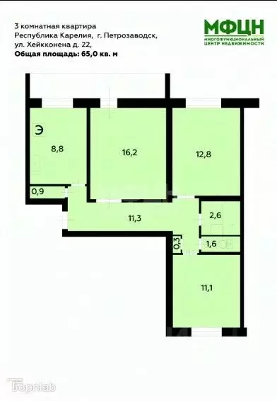 3-к кв. Карелия, Петрозаводск ул. Хейкконена, 22 (65.0 м) - Фото 1