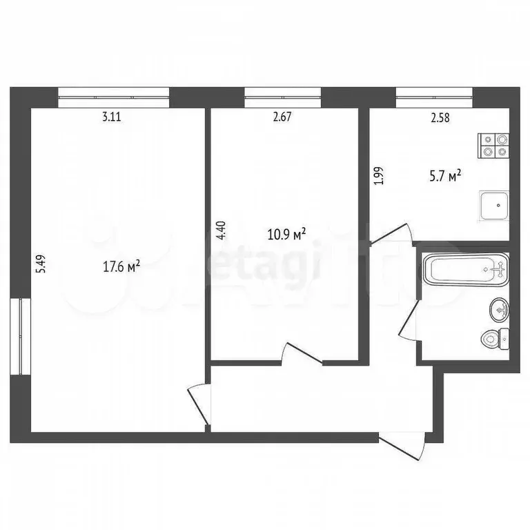 2-к. квартира, 44,7 м, 1/5 эт. - Фото 0