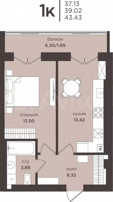1-к. квартира, 39 м, 7/7 эт. - Фото 1