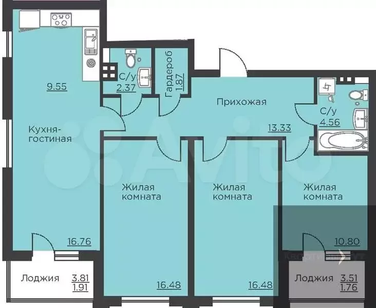 3-к. квартира, 95,9 м, 2/18 эт. - Фото 0
