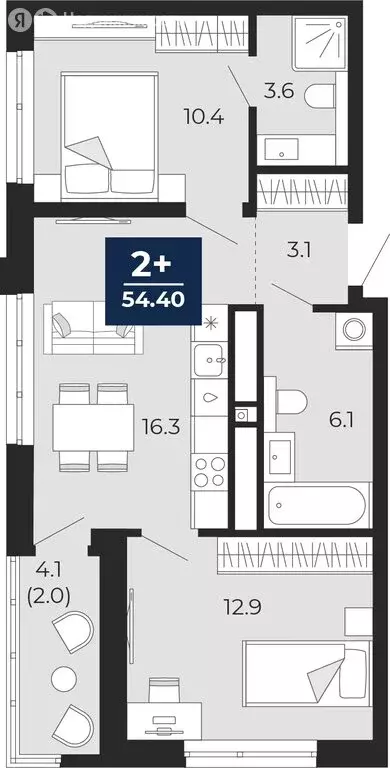 2-комнатная квартира: Тюмень, Ленинский округ (52.4 м) - Фото 0