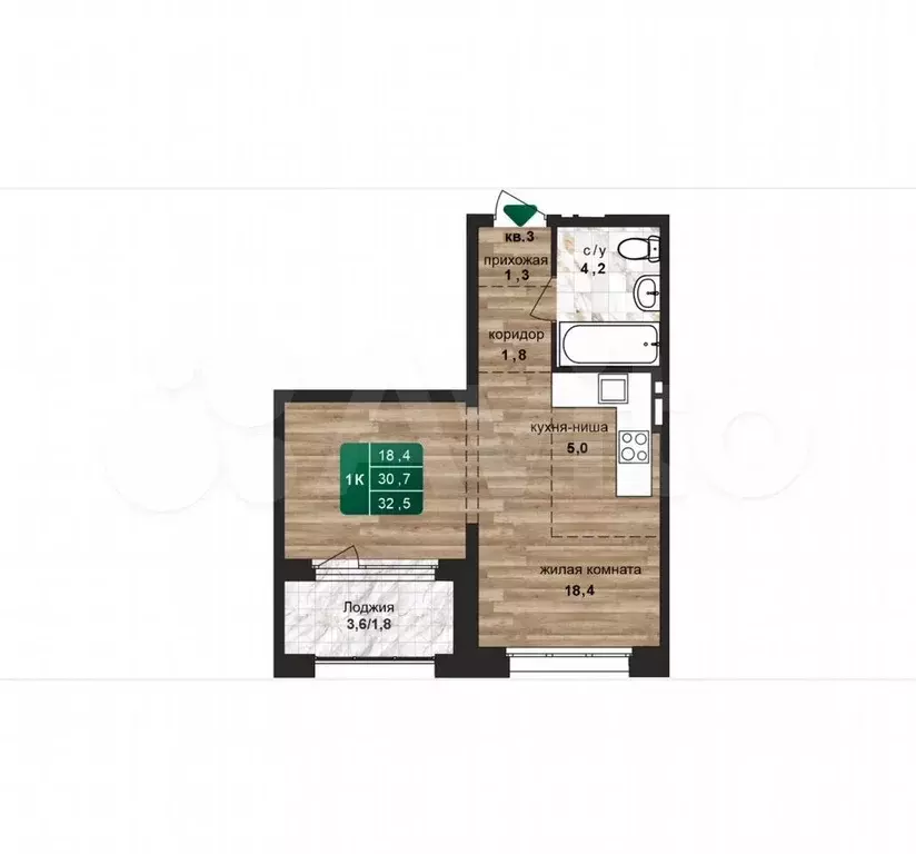 Квартира-студия, 32,5 м, 3/24 эт. - Фото 1