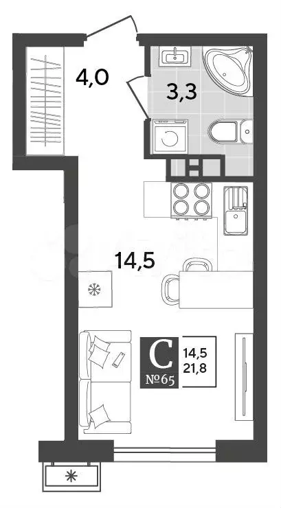 Квартира-студия, 21,8 м, 3/18 эт. - Фото 1