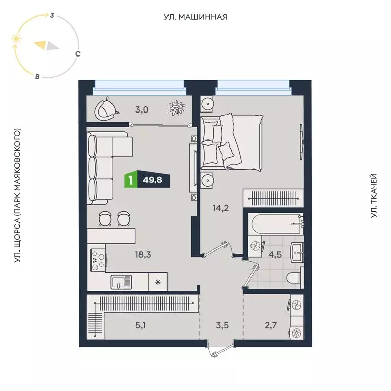 2-комнатная квартира: Екатеринбург, Машинная улица, 1В/2 (49.8 м) - Фото 1