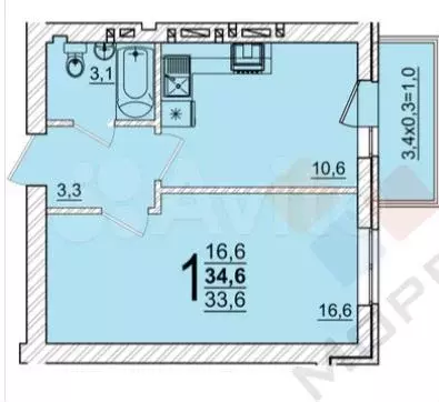 1-к. квартира, 33,1 м, 3/5 эт. - Фото 0