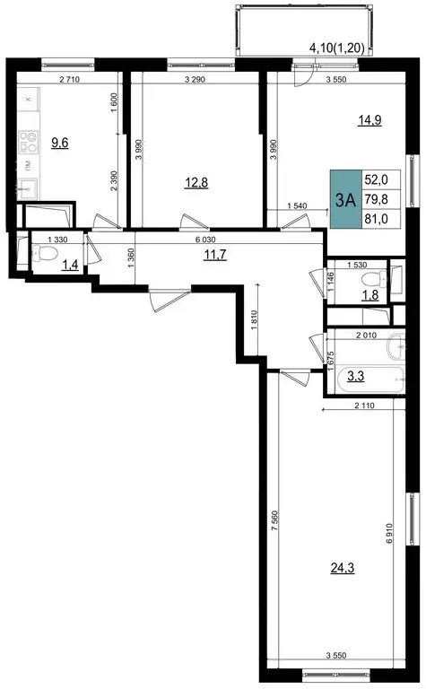 3-комнатная квартира: Одинцово, улица Бзри, к23 (81 м) - Фото 0