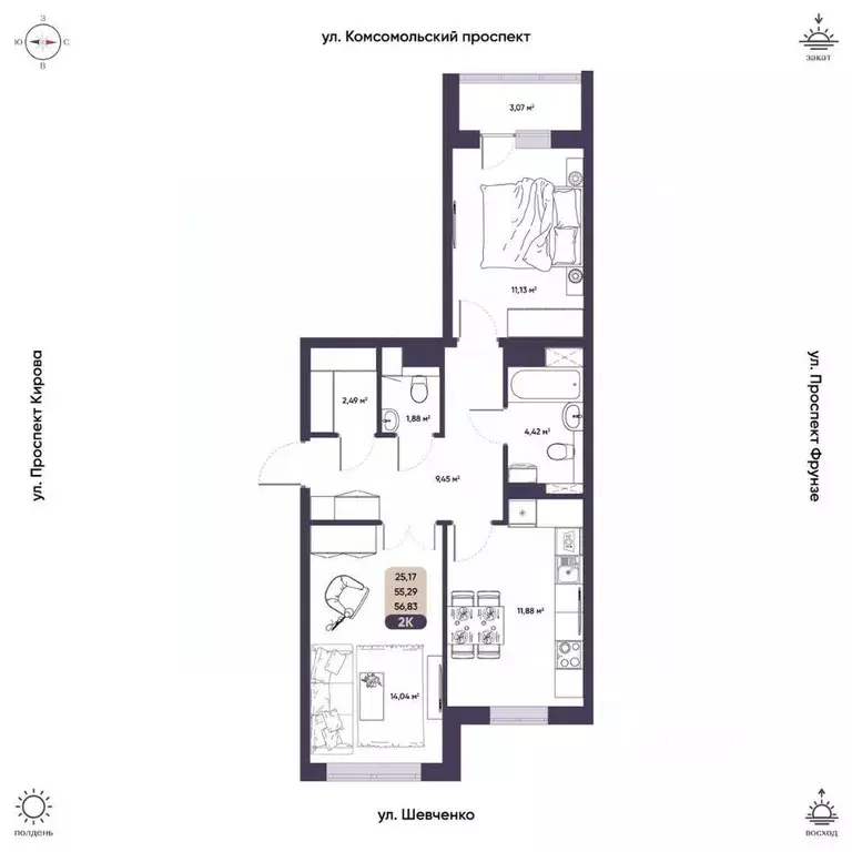 2-к кв. Томская область, Томск Енисейская ул., 35А (55.29 м) - Фото 1