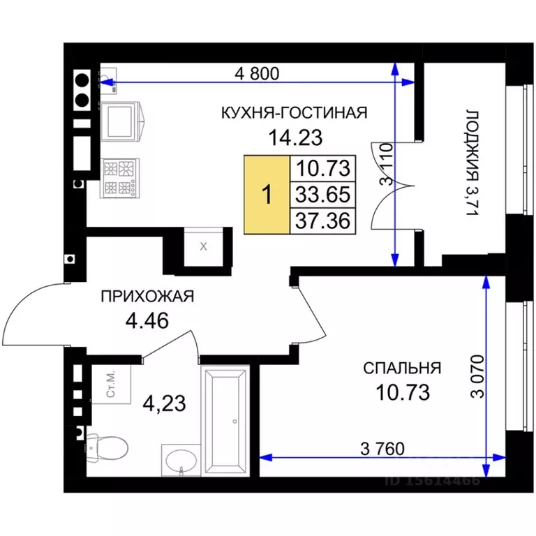 1-к кв. Калининградская область, Гурьевск Включи жилой комплекс (37.36 ... - Фото 0
