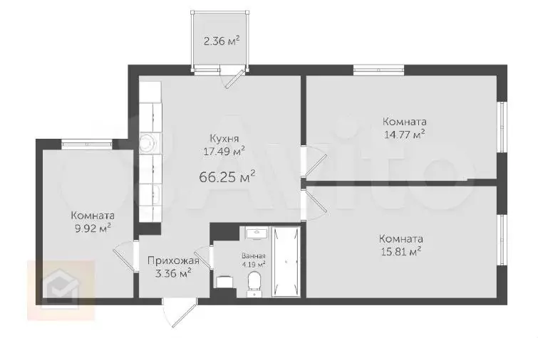 3-к. квартира, 66,3 м, 3/6 эт. - Фото 0