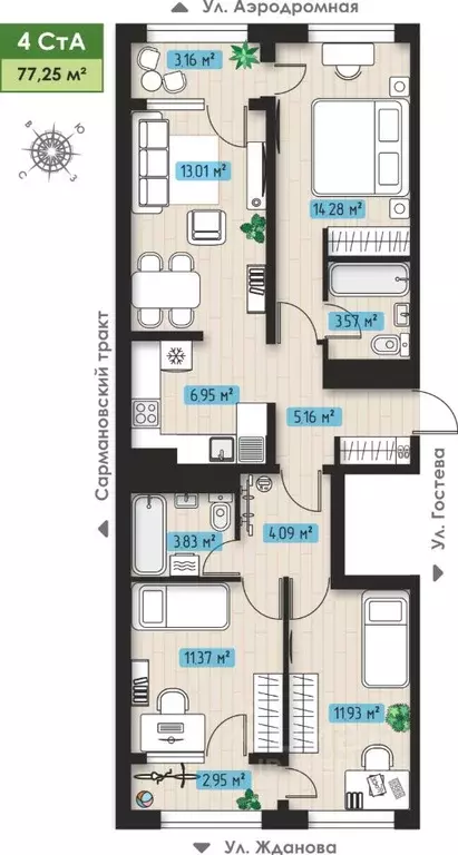 4-к кв. Татарстан, Набережные Челны ул. Жданова, 9 (77.25 м) - Фото 1