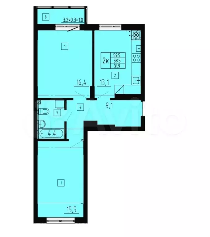 2-к. квартира, 59,5 м, 4/8 эт. - Фото 1