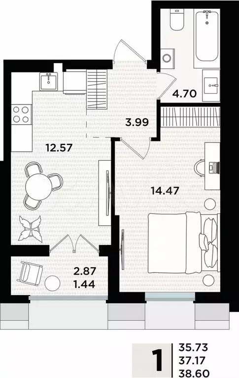 1-к. квартира, 38,6 м, 4/5 эт. - Фото 1