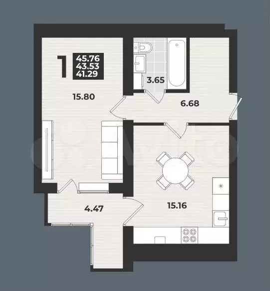 1-к. квартира, 45,8 м, 3/9 эт. - Фото 1
