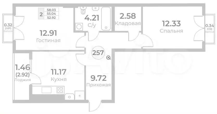 2-к. квартира, 58 м, 10/10 эт. - Фото 1