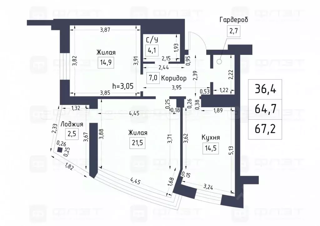 2-к кв. Татарстан, Казань ул. Оренбургский Тракт, 24А (67.4 м) - Фото 1