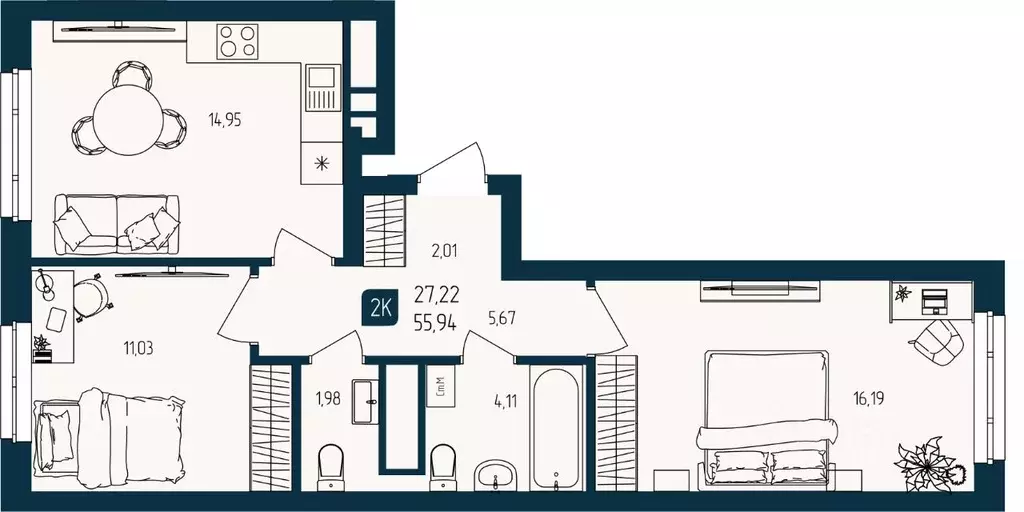 2-к кв. Тюменская область, Тюмень  (55.94 м) - Фото 1