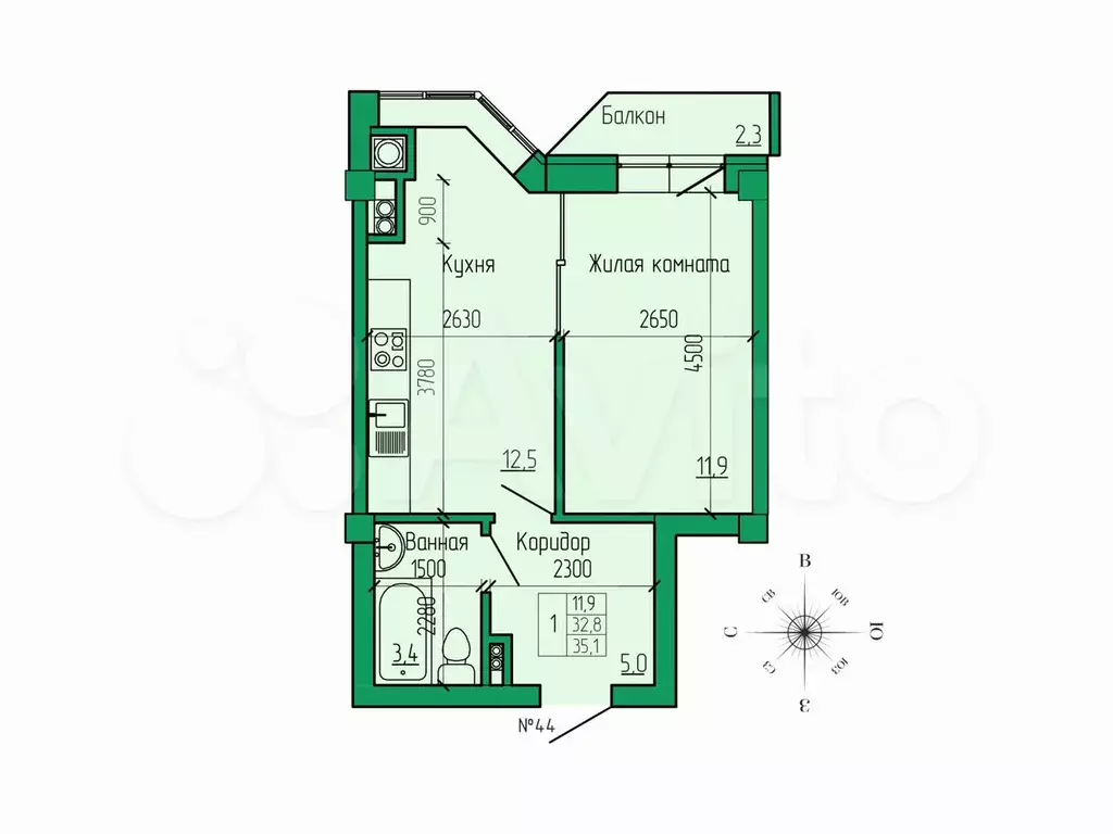 1-к. квартира, 35,1 м, 2/4 эт. - Фото 0