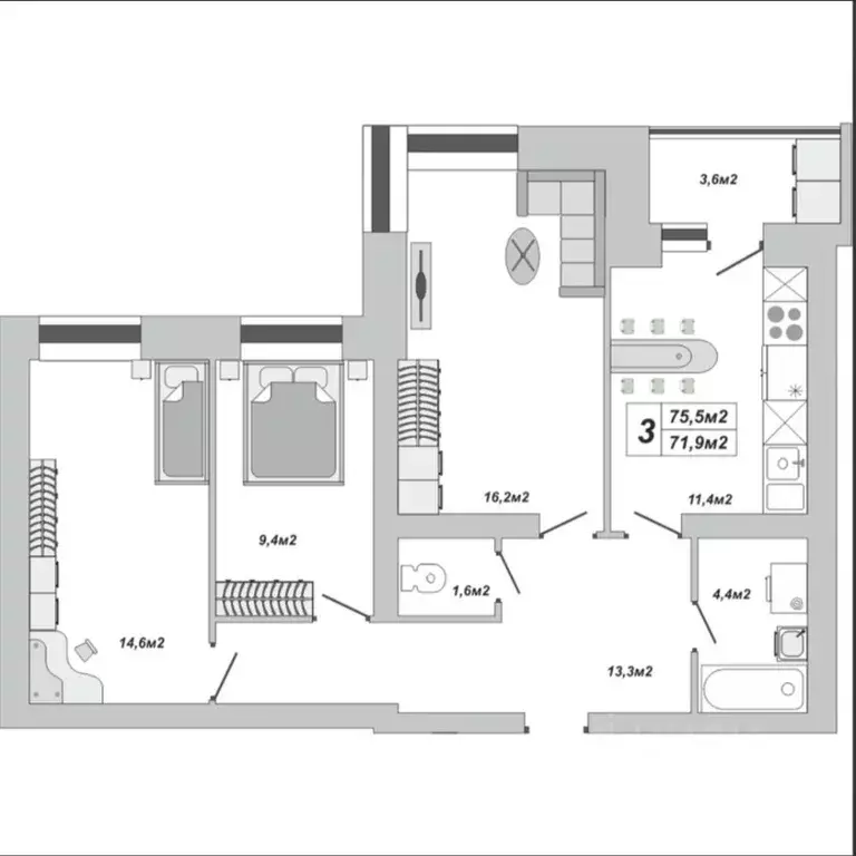 3-к кв. Тамбовская область, Тамбов ул. Чичерина, 7/3 (75.5 м) - Фото 0