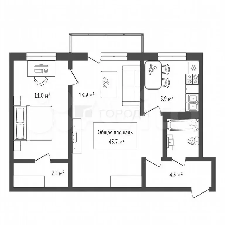 2-к. квартира, 45,7 м, 5/5 эт. - Фото 1