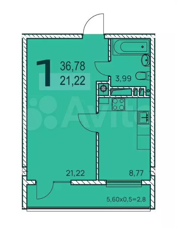 1-к. квартира, 38,5 м, 4/9 эт. - Фото 1