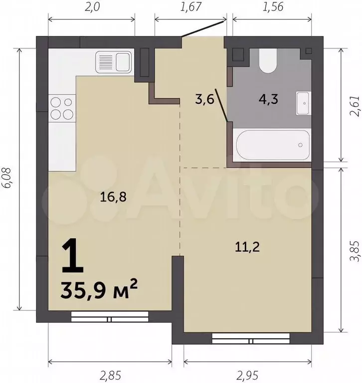 1-к. квартира, 35,9 м, 4/9 эт. - Фото 0