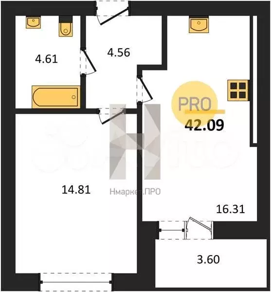 1-к. квартира, 42,1 м, 7/9 эт. - Фото 1