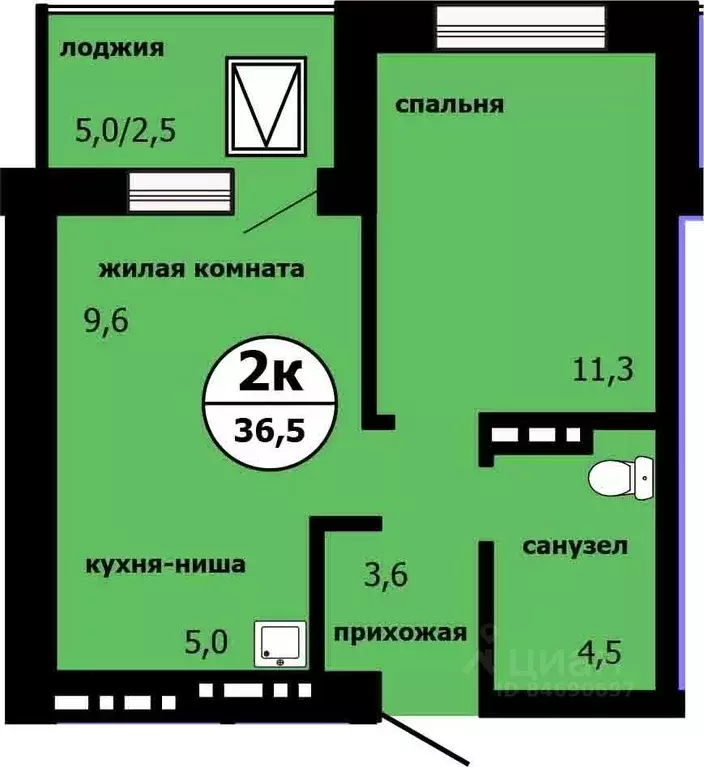 2-к кв. Красноярский край, Красноярск ул. Лесников, 55 (36.1 м) - Фото 0