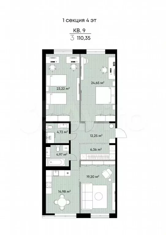 3-к. квартира, 110,4 м, 4/9 эт. - Фото 1