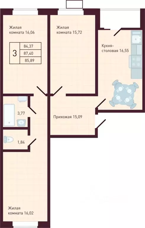 3-к кв. Чувашия, Новочебоксарск Советская ул., поз1 (85.89 м) - Фото 1