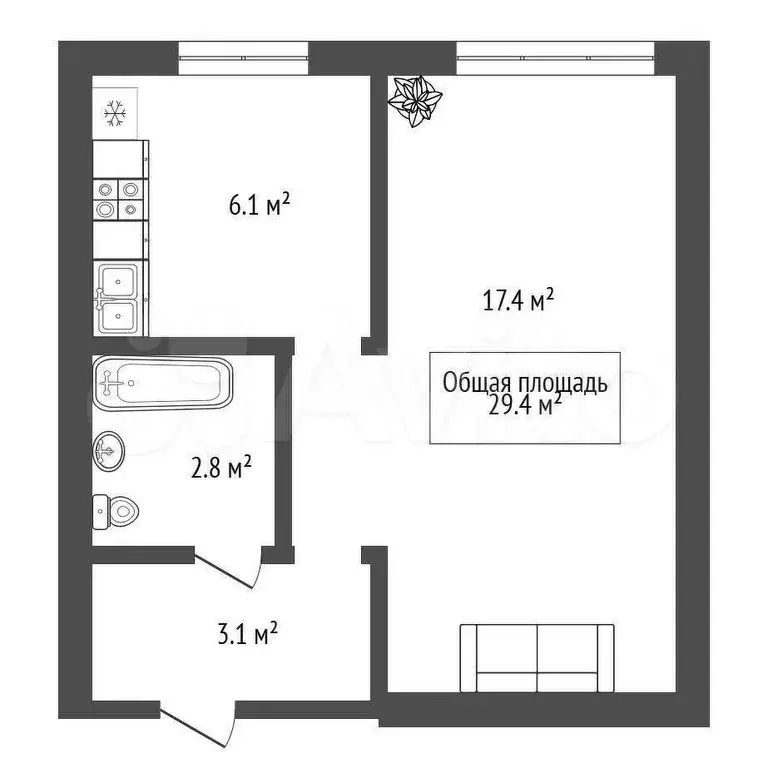 1-к. квартира, 29,9 м, 2/9 эт. - Фото 0