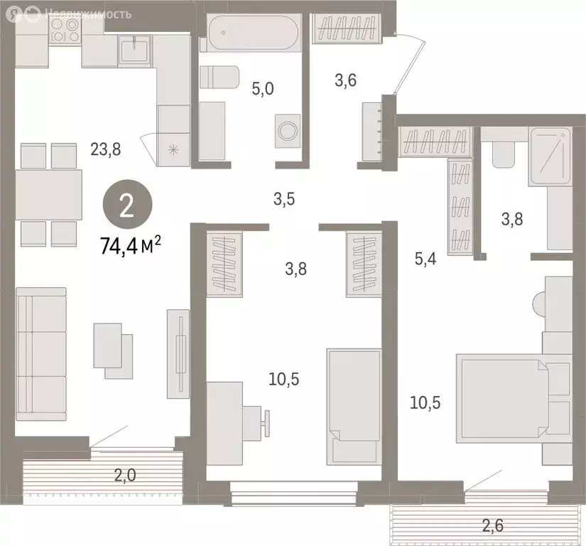 2-комнатная квартира: Новосибирск, улица Аэропорт (74.36 м) - Фото 1