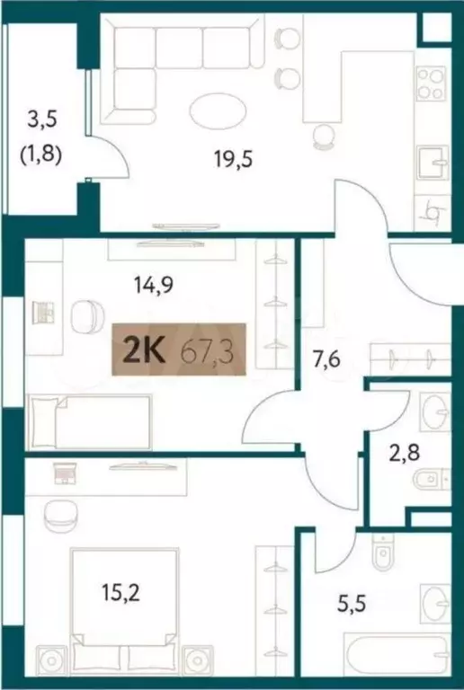 2-к. квартира, 68 м, 2/28 эт. - Фото 0