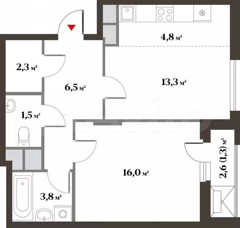 2-к. квартира, 48,6 м, 2/6 эт. - Фото 0