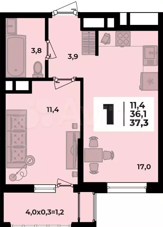 1-к. квартира, 37,3 м, 3/8 эт. - Фото 0