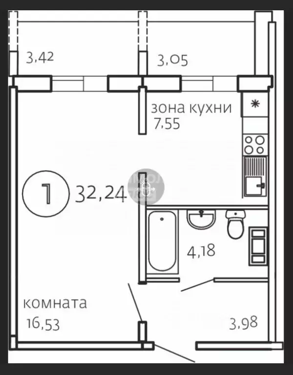 1-к кв. Челябинская область, Челябинск ул. Маршала Чуйкова, 26 (32.24 ... - Фото 1