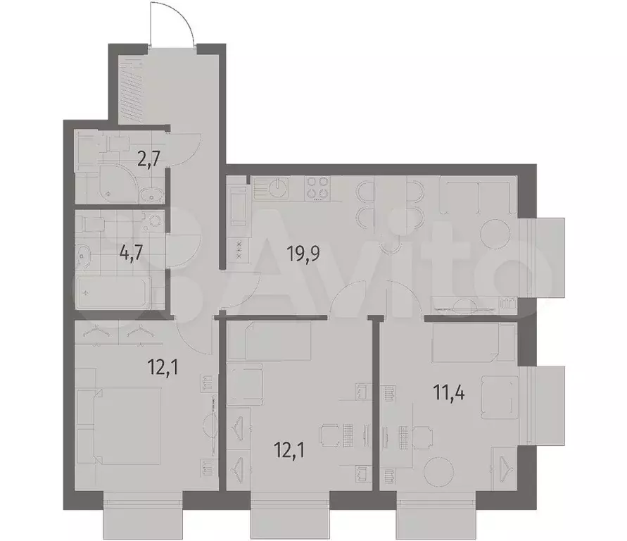 3-к. квартира, 71,4 м, 5/12 эт. - Фото 0