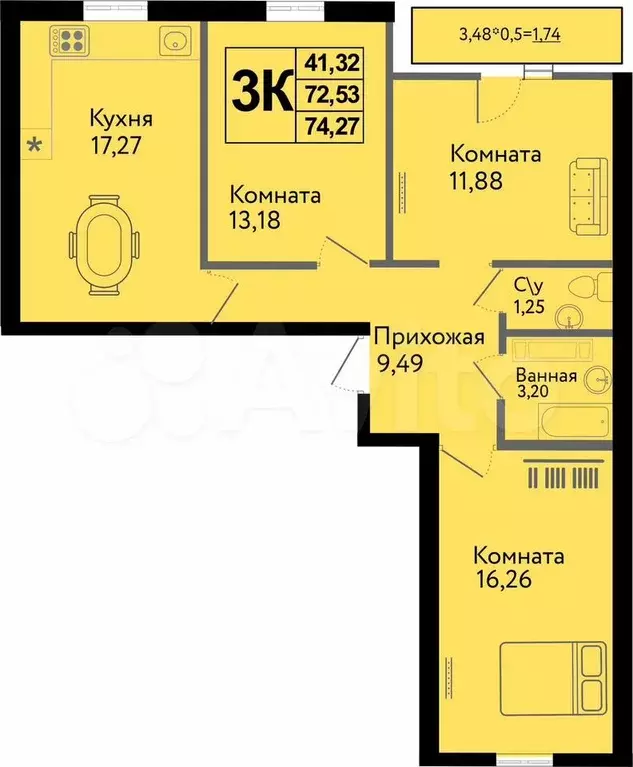 3-к. квартира, 74,3 м, 11/19 эт. - Фото 0