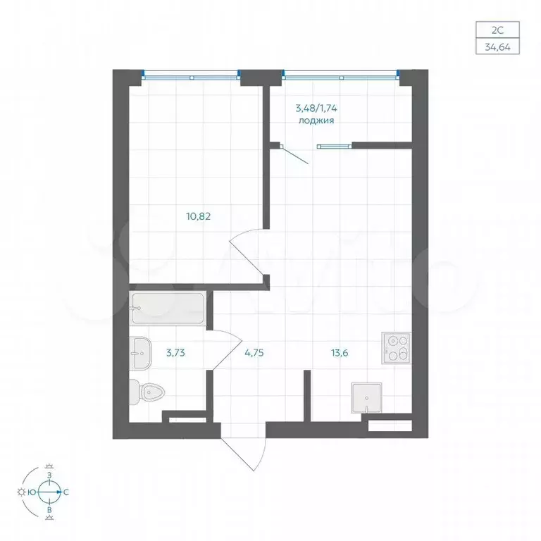 1-к. квартира, 34,6 м, 6/9 эт. - Фото 1