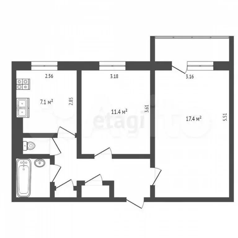2-к. квартира, 48,3 м, 3/5 эт. - Фото 0